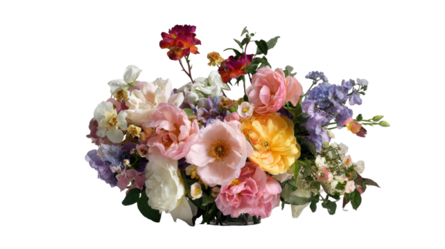 Beautiful bouquet of flowers with fresh colorful petals arranged in natural composition and soft lighting on white background