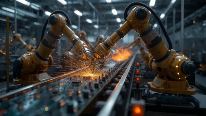 Automated robotic arms perform precise welding on a modern assembly line, creating sparks and showcasing advanced manufacturing technology in a factory setting.