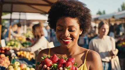 Happy african american woman smelling fresh strawberry at local market, enjoying delicious fruit shopping, footage