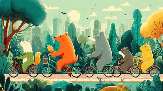 Colorful Cartoon Bears Riding Bicycles in Forest Park During Daytime