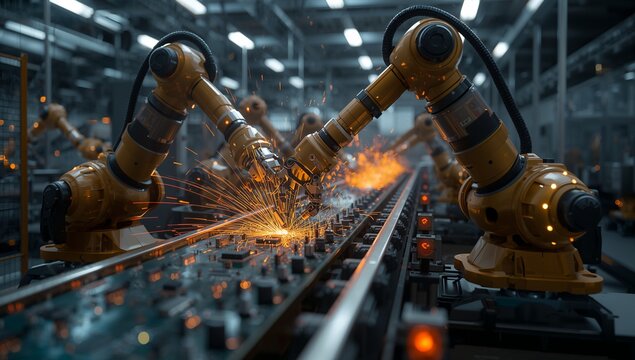 Automated robotic arms perform precise welding on a modern assembly line, creating sparks and showcasing advanced manufacturing technology in a factory setting.