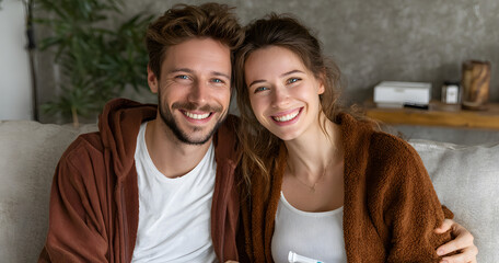 Pregnancy test, happy and couple on sofa excited for fertility success, results and parenting news. Relationship, pregnant and man with woman celebrate with medical kit for ivf treatment or ovulation