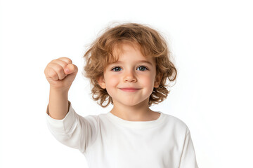 A cheerful child showing a victorious fist pump, embodying joy and positivity. Perfect expression for happiness and success concepts.