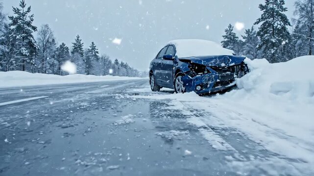 Blue broken car after an accident on a snowy road with a warning triangle near the side of the road in winter, footage.