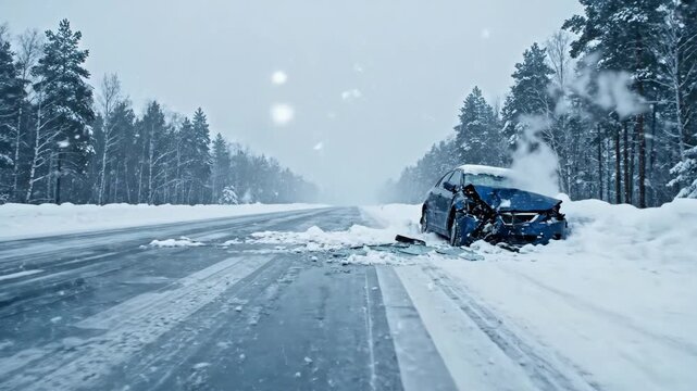 Accident on a snowy winter road with a broken car and a warning sign footage for dangerous driving conditions.