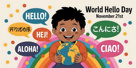 Celebrating world hello day with a diverse child holding the earth and greetings in multiple languages