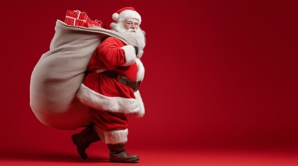 Santa Claus carries a huge sack of presents on his back. He walks sideways and faces the camera against a red background. Generative AI