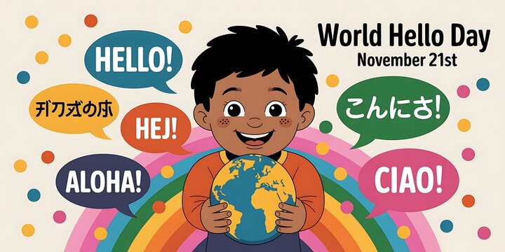 Celebrating world hello day with a diverse child holding the earth and greetings in multiple languages