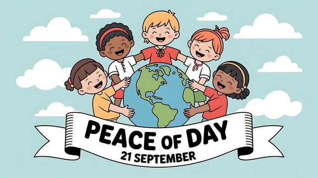 Diverse group of happy children embracing the earth on peace day celebrating global unity and harmony