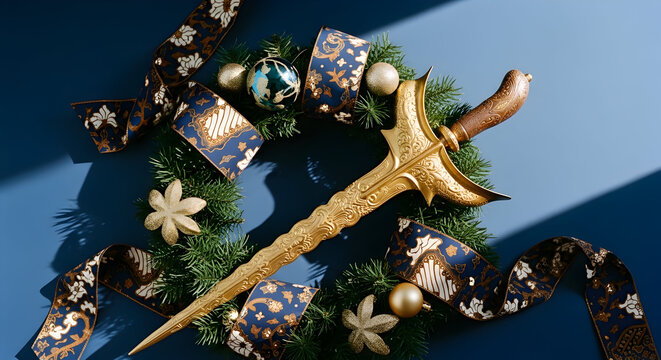 A golden Javanese Keris dagger masterfully placed across an elegant green Christmas wreath decorated with batik patterned ribbons