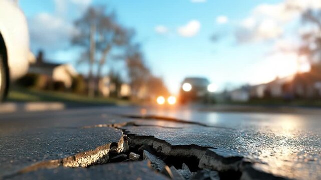 Damaged asphalt road crack in street surface low angle view sunlight