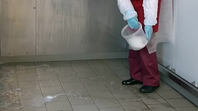 A sanitation worker wearing protective gear is seen pouring cleaning powder out of a clear bucket. The powder spreads on the tile floor in what appears to be a factory setting during the daytime.
