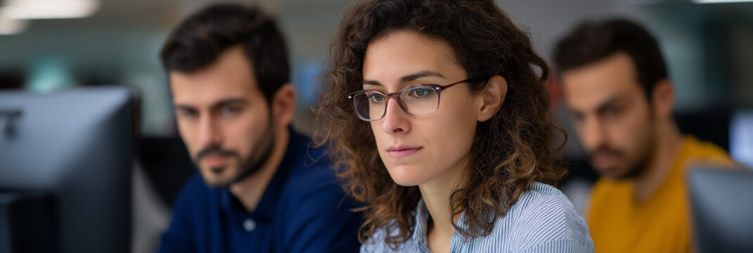 A group of young professionals diligently collaborating at their desks, reflecting concentration, innovation, and teamwork in a modern office environment filled with technology.