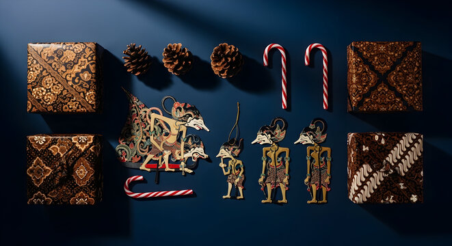 Creative flatlay composition of Christmas gifts wrapped in traditional Indonesian batik paper, miniature golden Wayang puppets, pine cones, and candy canes on a navy blue background