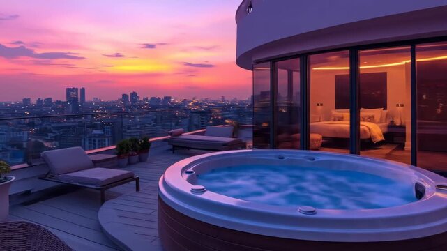 Rooftop jacuzzi overlooking a cityscape at dusk