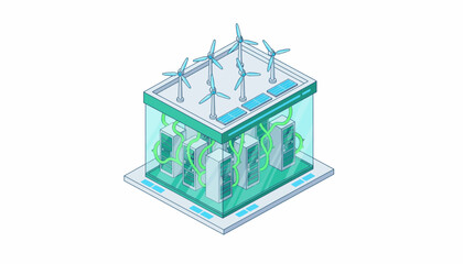 Sustainable Data Center Powered by Renewable Energy - Isometric Server Infrastructure with Wind Turbines and Solar Panels
