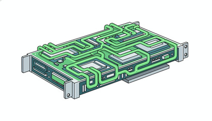 Digital Infrastructure: Isometric Illustration of a Server Hardware Card with Complex Green Data Flow Pathways