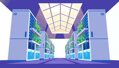 Green Data Center Hallway: Eco-Friendly Server Racks Integrated with Hydroponic Vertical Farming