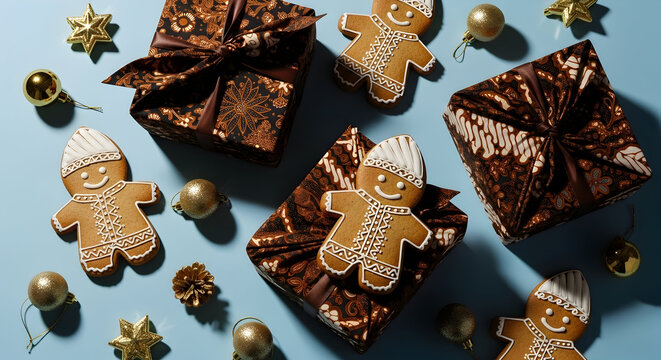 Beautiful festive flatlay of Christmas gifts in batik wrapping, cute gingerbread men in traditional blangkon, and rustic pinecones on a blue surface