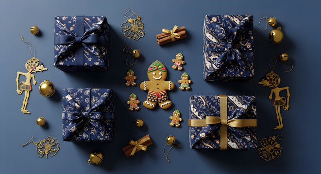 Beautiful festive flatlay of Christmas gifts in batik wrapping, cute gingerbread men in traditional blangkon, and rustic pinecones on a blue surface