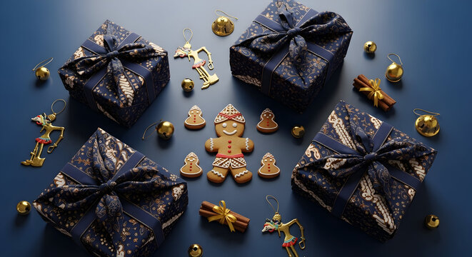 Beautiful festive flatlay of Christmas gifts in batik wrapping, cute gingerbread men in traditional blangkon, and rustic pinecones on a blue surface