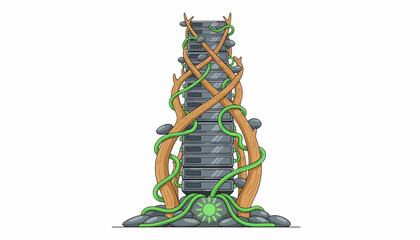 Sustainable Server Stack: Eco-Friendly Data Center Concept Protected by Vines, Wood, and Natural Energy Source.