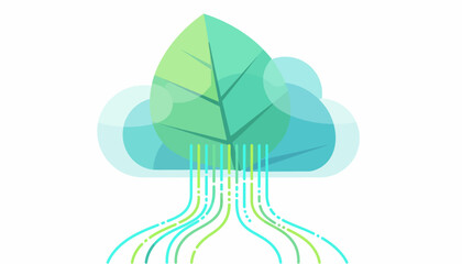 Sustainable Technology Cloud Computing Concept. Eco-Friendly Data Flow, Green IT, and Environmental Conservation Network Illustration.