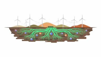 Conceptual Illustration of Sustainable Energy Grid, Data Roots, and Underground Storage System