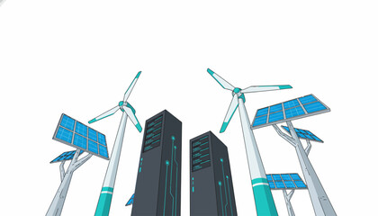 Sustainable Data Centers Utilizing Wind Turbines and Solar Panels. Eco-friendly computing and clean energy technology illustration.