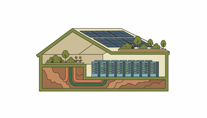 Green Data Center Infrastructure Powered by Solar Energy and Geothermal Cooling: Sustainable Server Farm Diagram