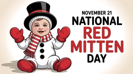 Adorable snowman child dressed in red mittens celebrates national red mitten day november 21