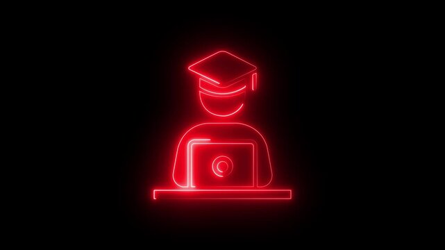 Glowing neon student study glyph style online laptop education icon black background .digital work, technology concept, remote office, business workspace concept . 4k motion graphic animation .