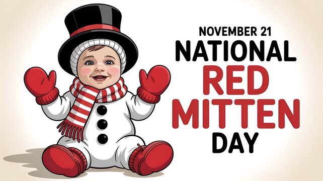 Adorable snowman child dressed in red mittens celebrates national red mitten day november 21