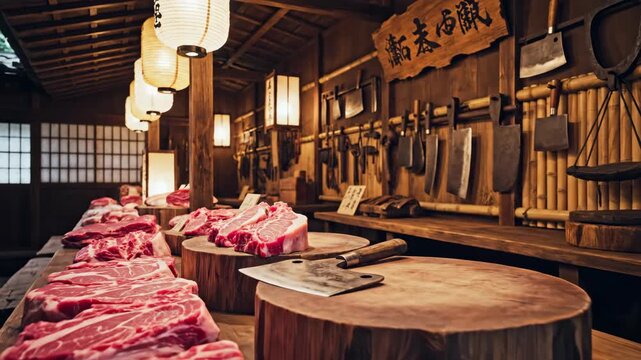 Traditional Japanese butcher shop with raw meat cuts on a wooden counter, concept of retro asian market food.
