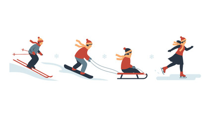 Children Enjoying Winter Sports Skiing Snowboarding Sledding and Ice Skating Illustration Set