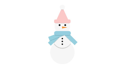Cute Minimalist Snowman Wearing Pink Hat and Blue Scarf on White Background Winter Holiday Illustration