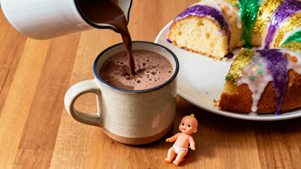 Epiphany cake with hot chocolate and baby figurine on wooden table