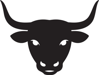 Black silhouette of a bull s head with large horns on a white background