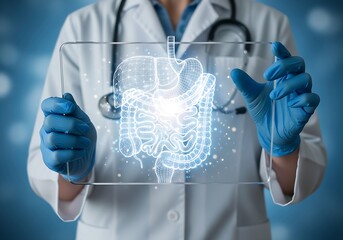 Futuristic medical scan concept where a doctor analyzes the human digestive tract on a glowing digital interface.
