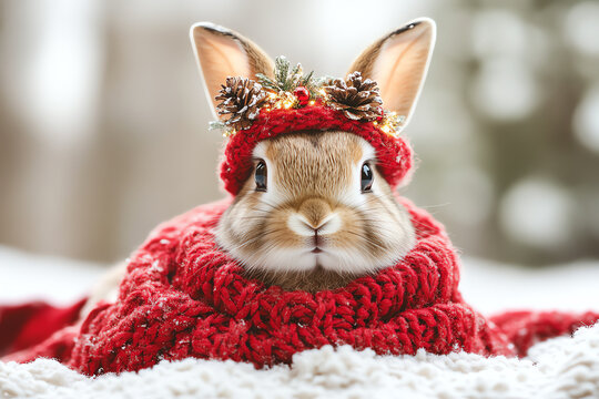 Adorable rabbit wrapped in a cozy red scarf, adorned with festive decorations, sitting in a snowy winter setting.
