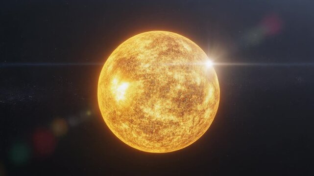 A hyper-realistic 3D rendering of a yellow dwarf star, showcasing its fiery, textured surface and a brilliant solar lens flare in the dark expanse of outer space