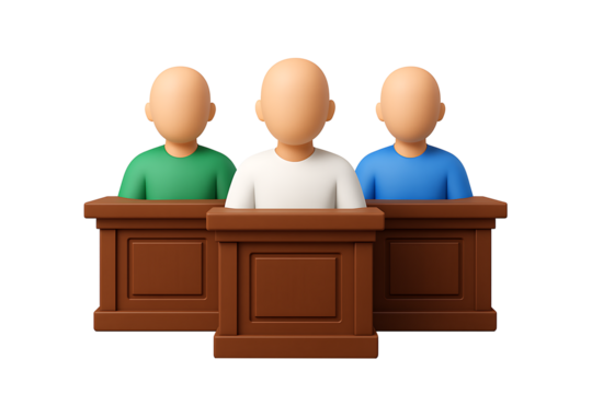 3D illustration of a jury box with three faceless characters representing jurors in a courtroom trial