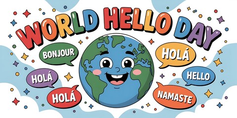Happy cartoon earth character celebrating world hello day with greetings in multiple languages