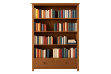 Classic wood bookcase with multiple shelves, representing a home library, education, knowledge, and literature.