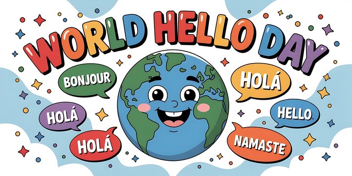 Happy cartoon earth character celebrating world hello day with greetings in multiple languages