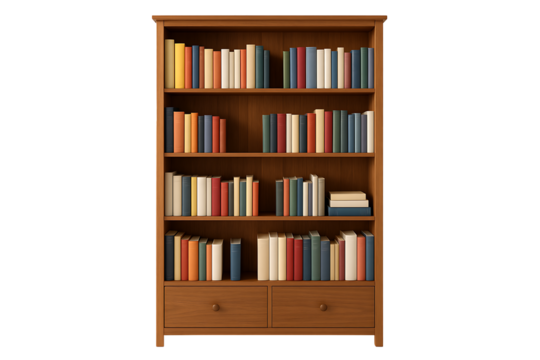 Classic wood bookcase with multiple shelves, representing a home library, education, knowledge, and literature.