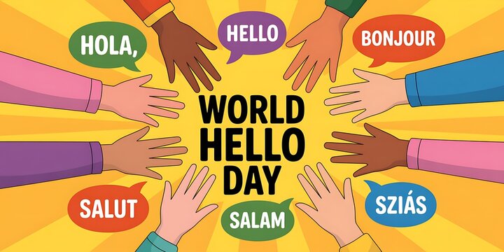 Diverse hands reach out in a circle celebrating world hello day with greetings in many languages