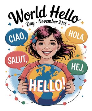 Celebrating world hello day november 21st with a smiling girl holding a globe of greetings