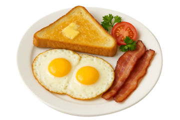 Delicious morning meal featuring fried eggs, bacon strips, golden toast with butter, and fresh vegetables, realistic food presentation for menu design