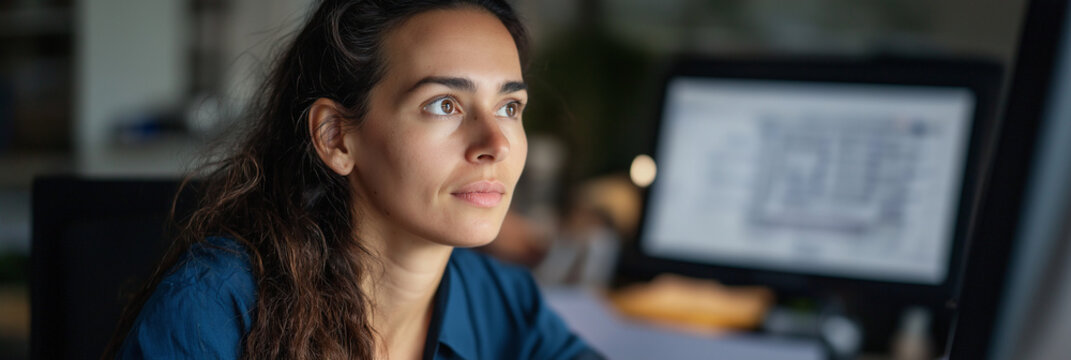 A concentrated woman gazes thoughtfully at her computer screen in a modern office environment, highlighting determination and the pursuit of goals.